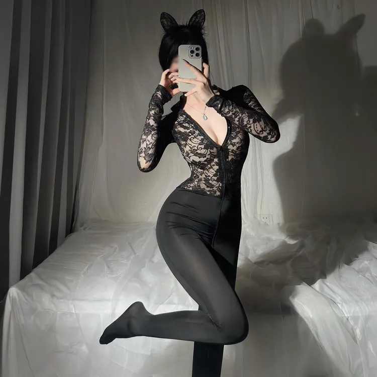 【娇媚】女款性感紧身时尚连体衣弹力拉链连身蕾丝上身辣妹风纯欲感