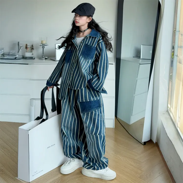 【嘻嘻柚】女童2025秋款牛仔套装洋气衬衫外套休闲条纹阔腿裤两件套