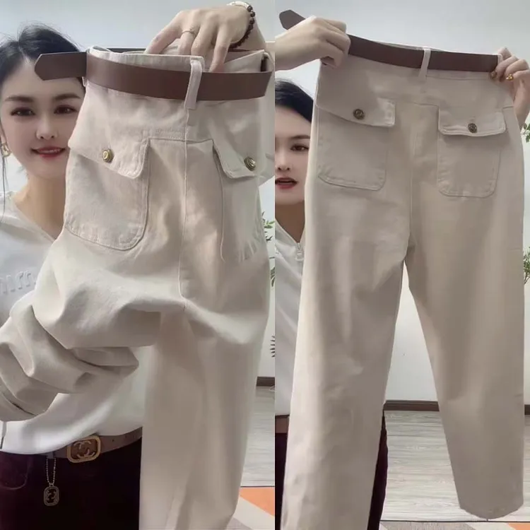 水洗牛仔棉休闲裤女春季新款百搭显瘦小脚直筒裤高腰宽松哈伦裤