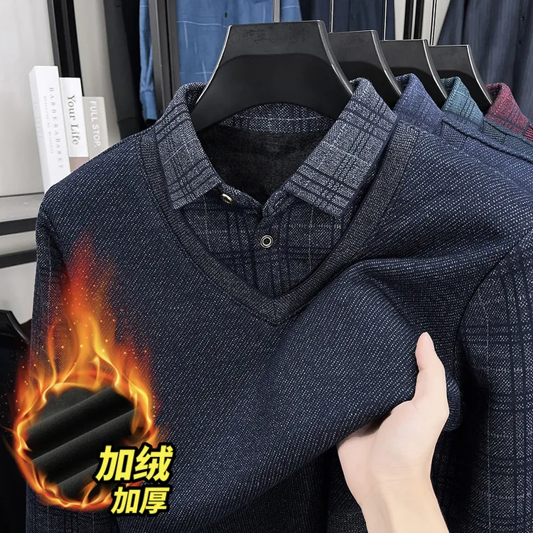 爸爸装加绒加厚针织衫冬季保暖中年男装假两件T恤打底衫中老年