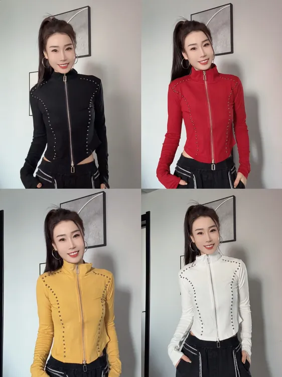 立领长袖秋款秋季拉链女短外套运动百搭休闲T恤6855-（XD）