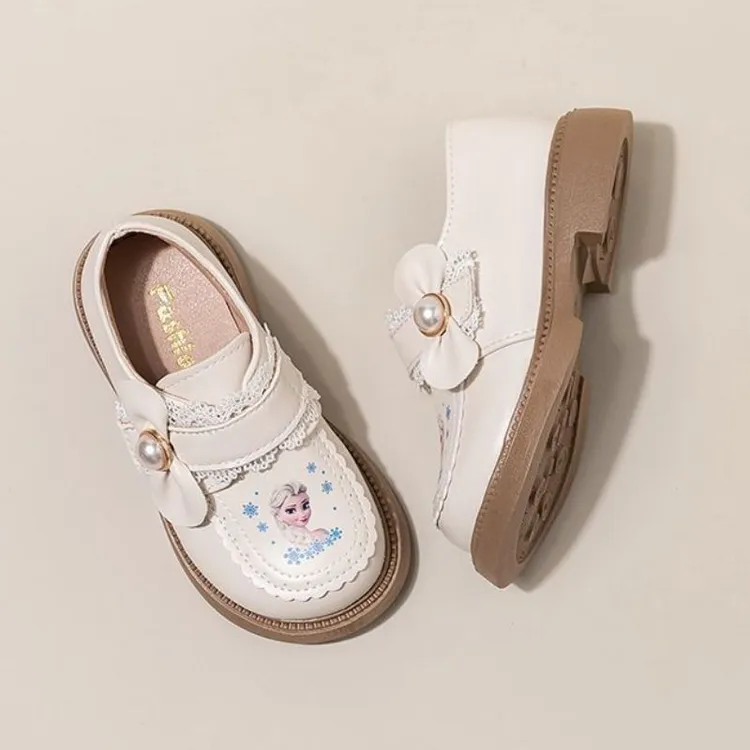 爱莎公主女童加绒深口皮鞋2024秋冬新款洛丽塔公主风花边白色单鞋