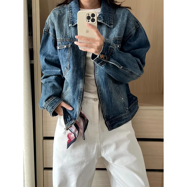 ESEWRD秋冬美式做旧解构水洗设计牛仔外套女宽松休闲开衫工装夹克