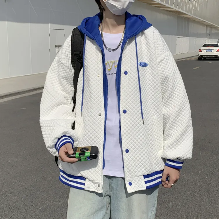 假两件套式华夫帽男式日式风格风格颜色匹配时尚潮牌宽松原宿风格
