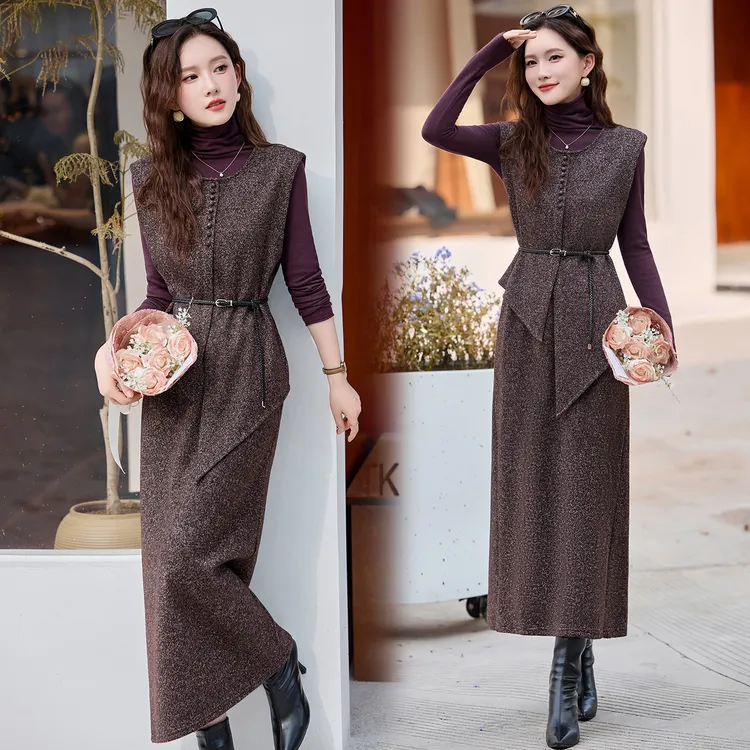 设计感不规则毛呢马甲套装裙女2025秋冬新款系带收腰半身裙三件套