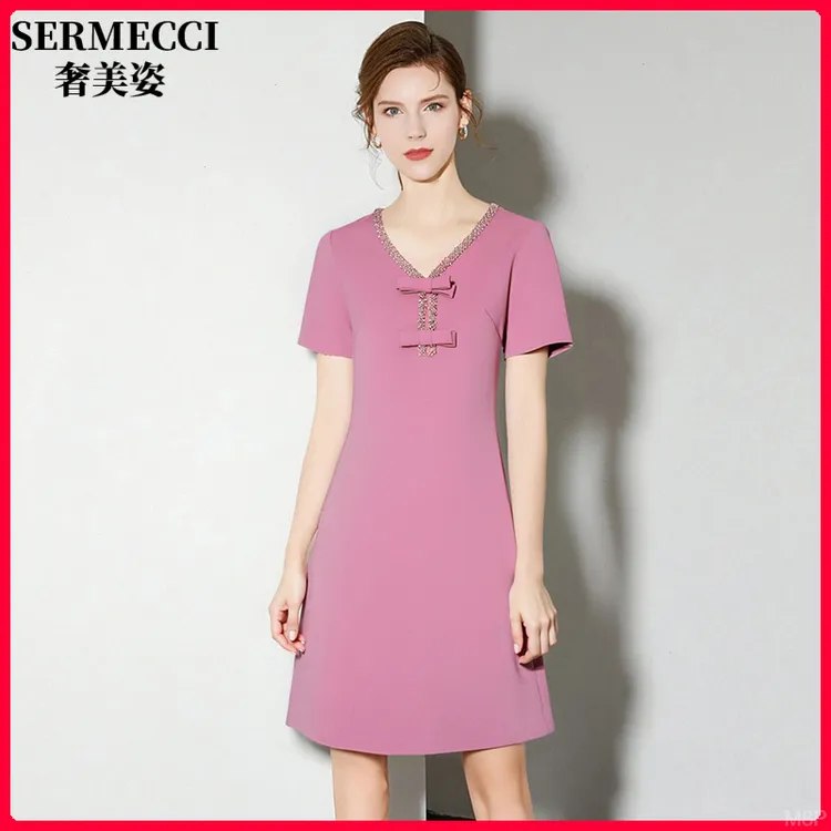 奢美姿 短袖连衣裙女2025改良中长款女装新款夏时尚气质a字裙