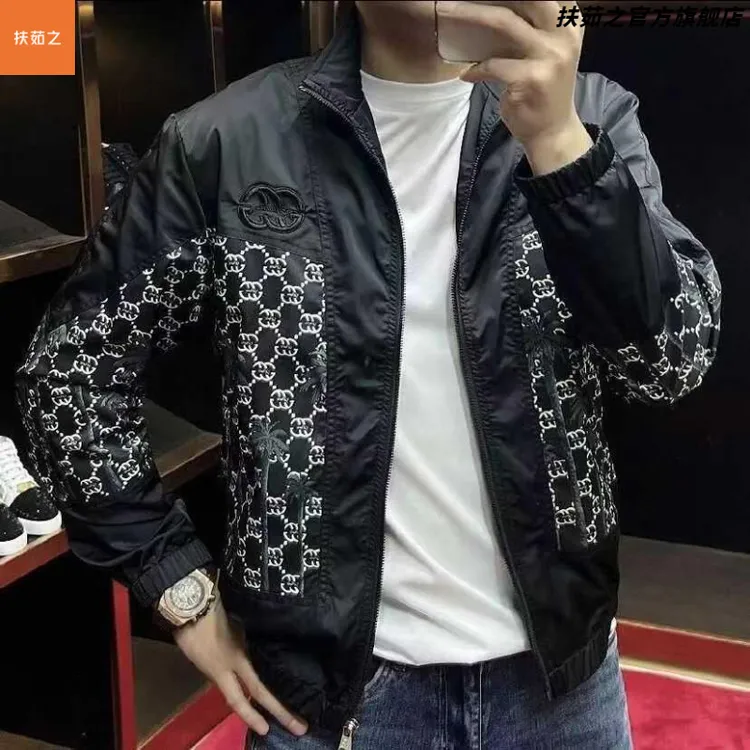 美式男士立领夹克外套男春秋薄款撞色椰树格印花潮流休闲百搭