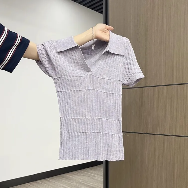 紫色复古洋气设计感Polo翻领露锁骨针织衫女修身百搭气质显瘦上衣