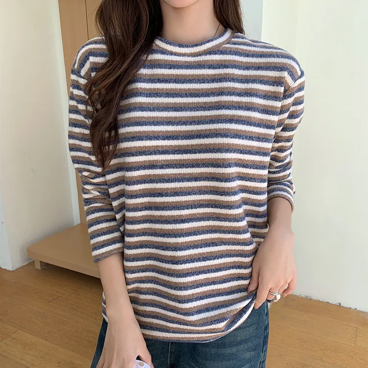 醉梓菡条纹圆领打底衫女秋冬季内搭保暖毛衣针织衫宽松T恤上衣