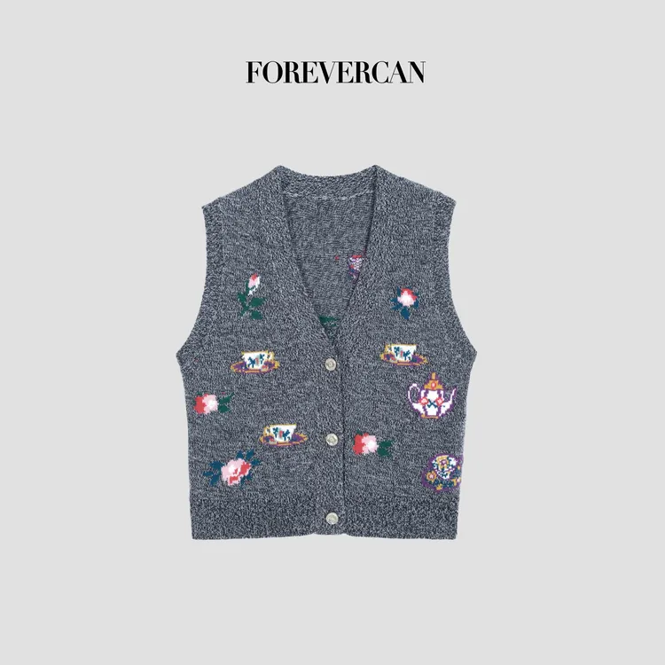 FOREVERCAN“花城故事”小茶壶玫瑰提花美丽诺羊毛马甲背心MY4616