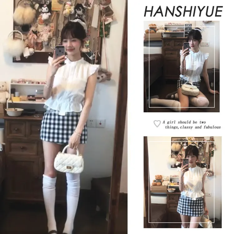 夏季韩系套装女2025新款小众设计感百搭上衣搭显瘦格子短裙两件套