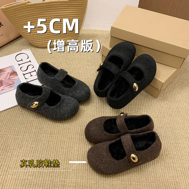5CM内增高温柔圆头玛丽珍毛毛鞋女2025秋冬季晚风加绒棉勃肯鞋子