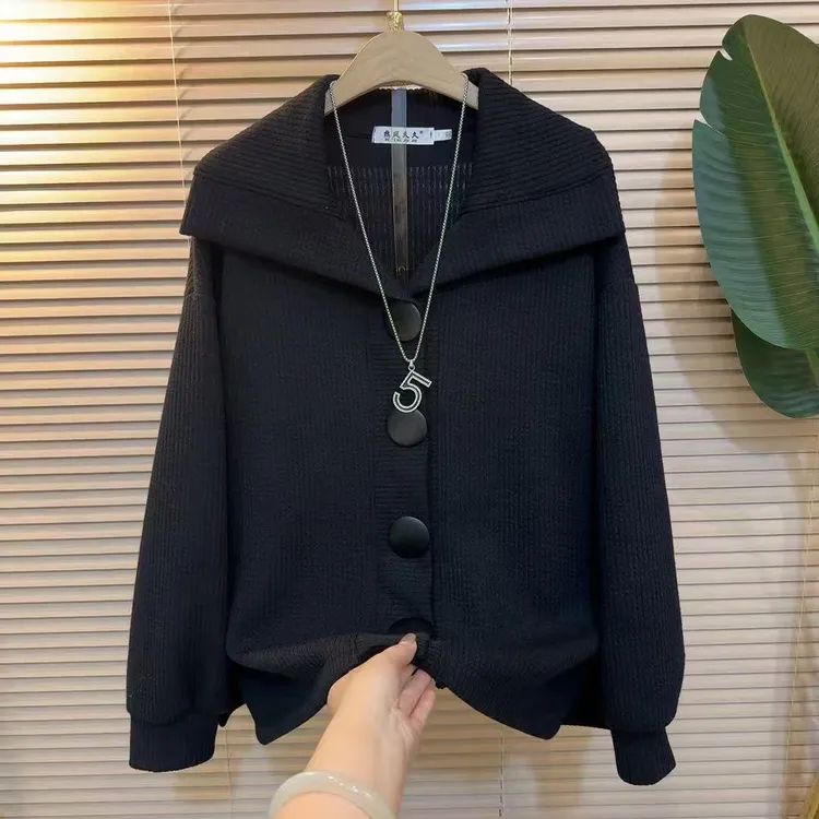 851/秋冬季大码慵懒风T恤衫海军领遮肉开衫韩版显瘦遮肚上衣百搭