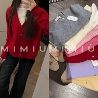 【mimius】U 泡菜国外贸订单全毛无缝一体V领小金爱心扣开衫WG09163
