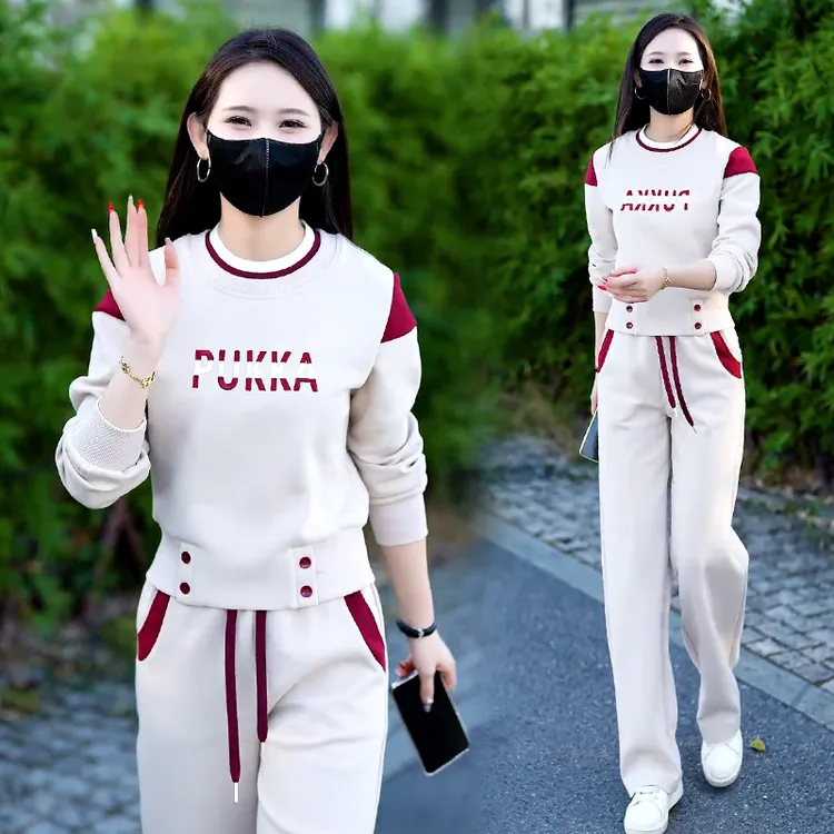 高含棉时尚套装女士2025年春秋新款拼色印花卫衣高腰直筒裤两件套