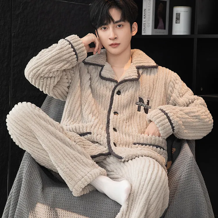v领睡衣男秋冬季加绒加厚大码冬天珊瑚绒法兰绒可外穿家居服套装