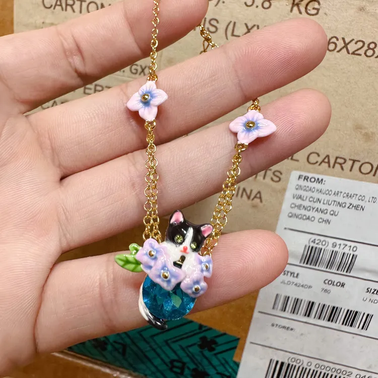 铜合金珐琅手链 手绘珐琅猫咪时尚宝石手工手链小众彩色饰品首饰