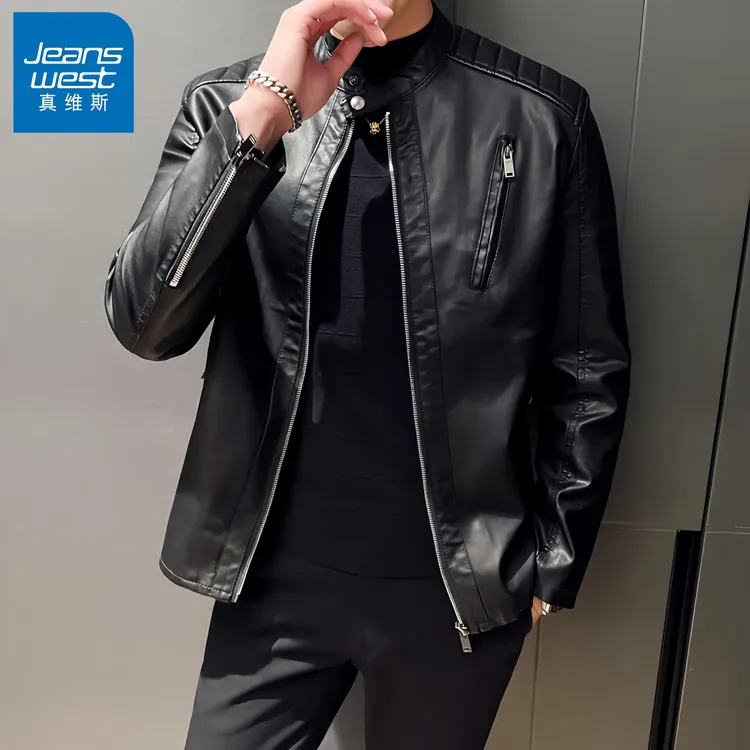 真维斯Jeanswest/男士皮衣时尚短款潮流立领机车休闲夹克韩版外套