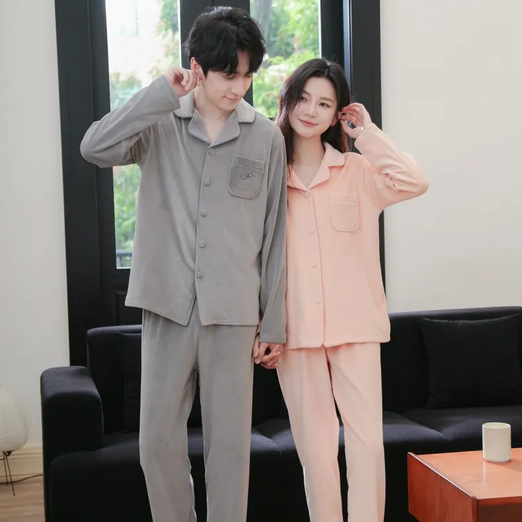 B10587情侣海岛绒长袖睡衣男女士冬季加绒款保暖舒适家居服套装