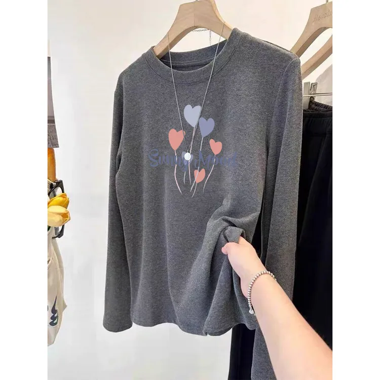 德绒磨毛正肩长袖t恤女百搭圆领上衣加厚款保暖内搭打底衫秋冬季