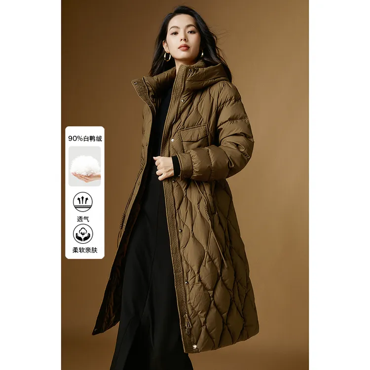 晚白2024冬新款时尚简约休闲厚外套连帽减龄长款羽绒服女24052117