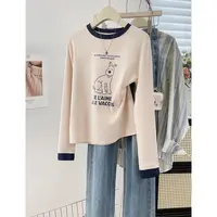 撞色拼接圆领小狗印花长袖体恤衫2025新款宽松显瘦大码女装上衣秋