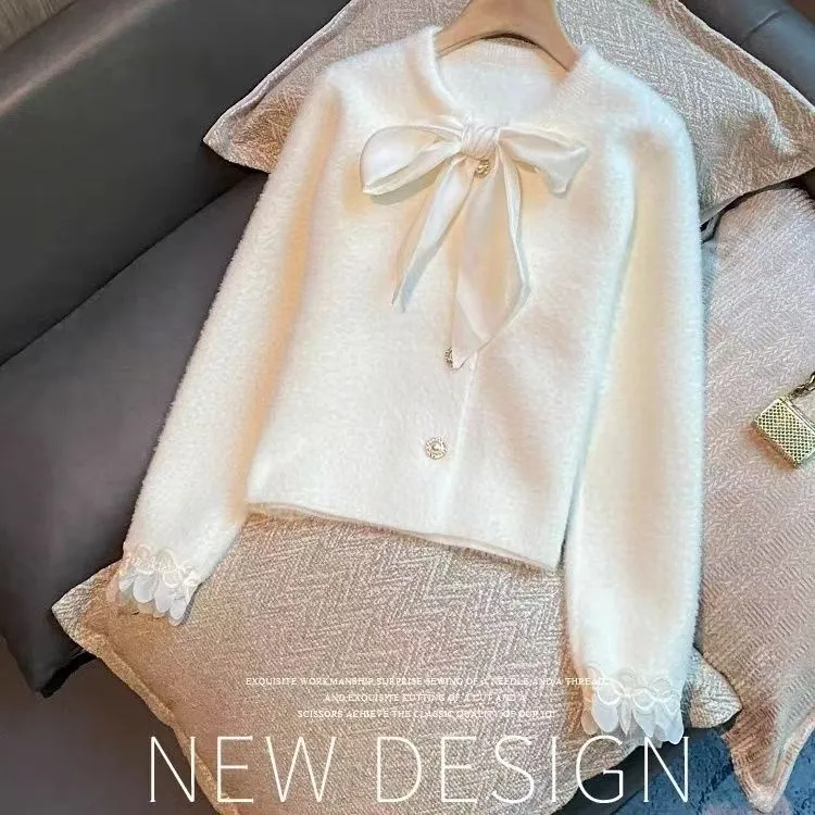 毛衣蝴蝶结网红设计感法式秋冬季毛针织衫甜美落肩袖时尚名媛