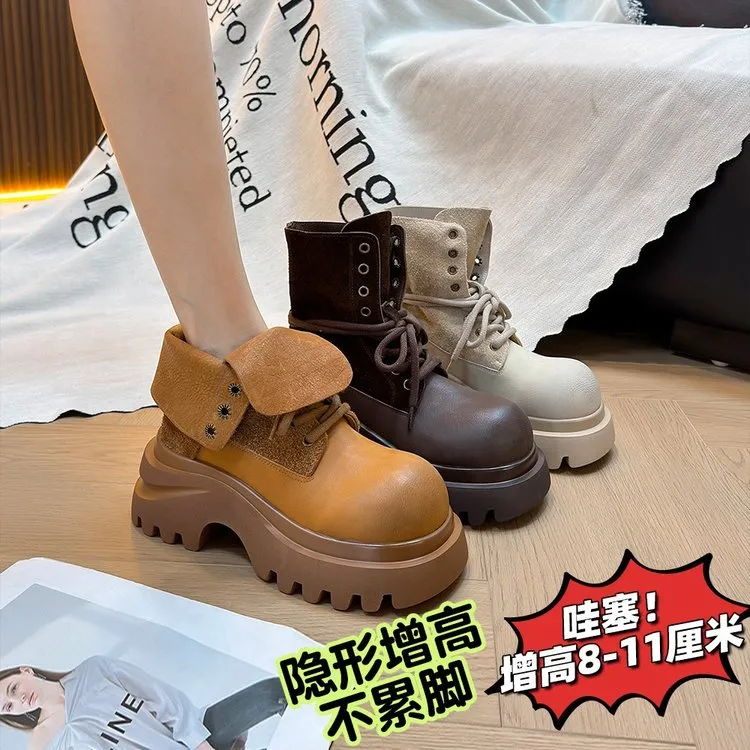 厚底增高马丁靴2025早秋系带英伦风翻领两穿复古女靴