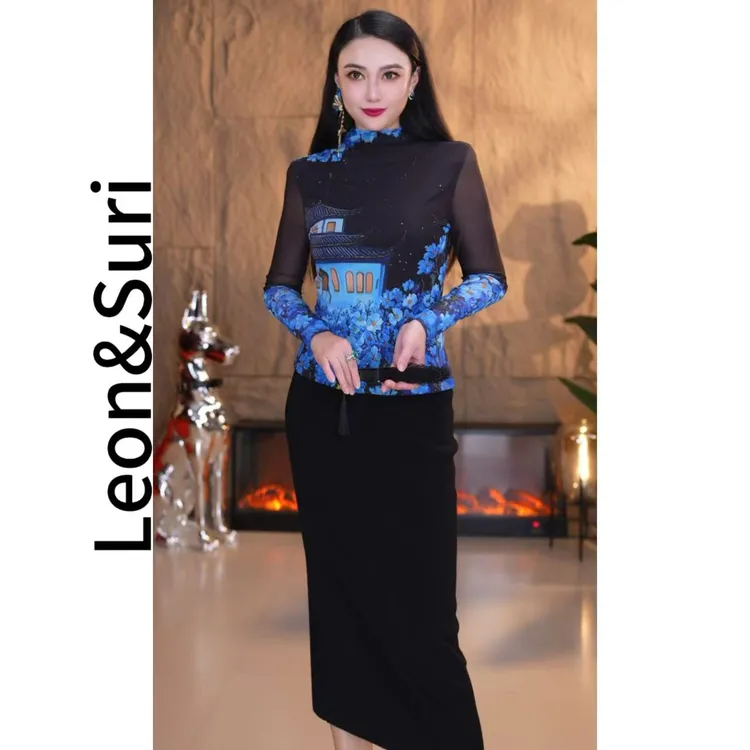 Leon&Suri “东方宫阙”新款中国风修身保暖百搭上衣网纱打底衫时尚