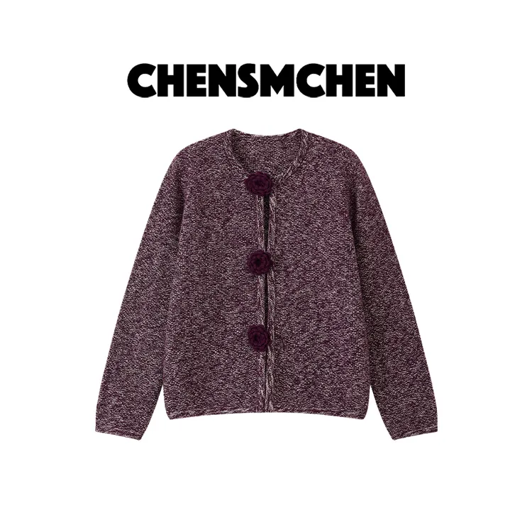 CHENSMCHEN 绵羊毛立体绣花长袖针织衫女时尚百搭开衫CSZ7504TT