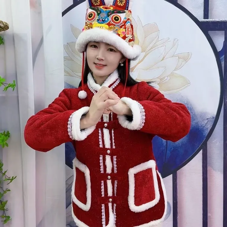 冬季极寒保暖加绒中式国风棉服外套红色粉色亮晶晶拜年服