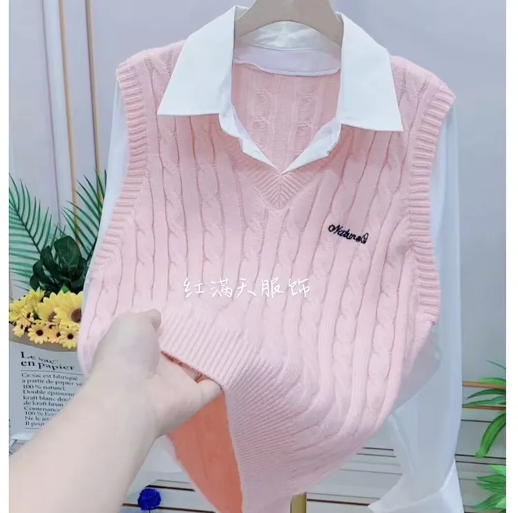 刺绣针织马甲拼接POLO领衬衫假两件上衣女短款洋气百搭提花针织衫