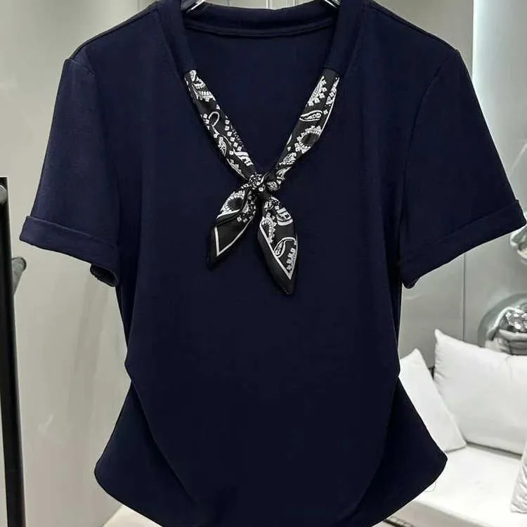 大码韩版丝巾拼接短袖t恤女2025夏季新款宽松显瘦时尚洋气上衣女