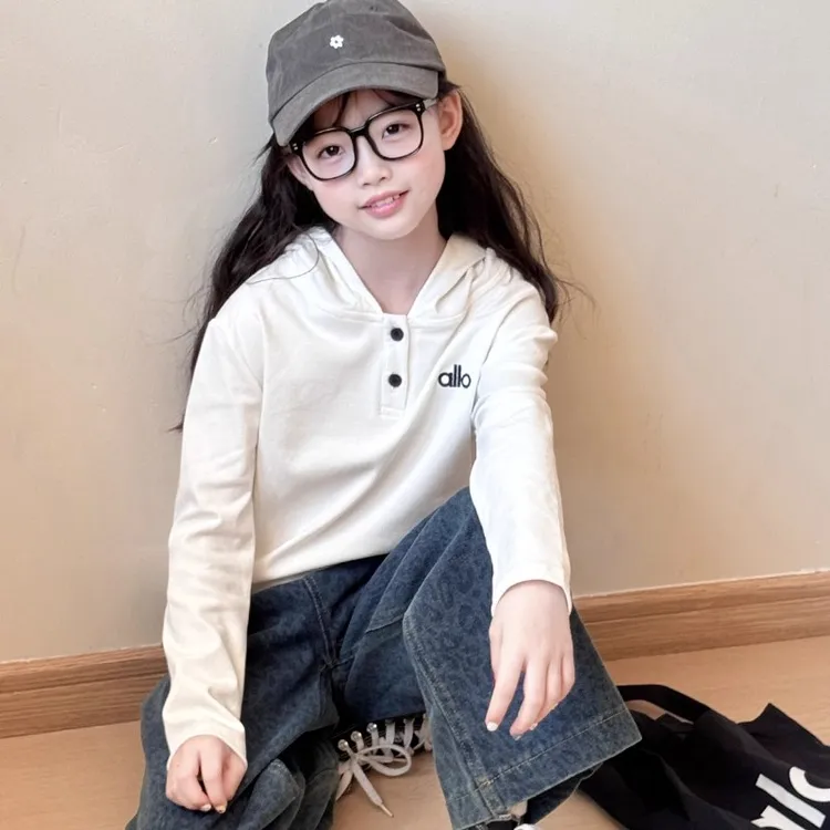 女童秋装打底衫可外穿2025新款6-12岁连帽上衣女孩大童白色t恤潮