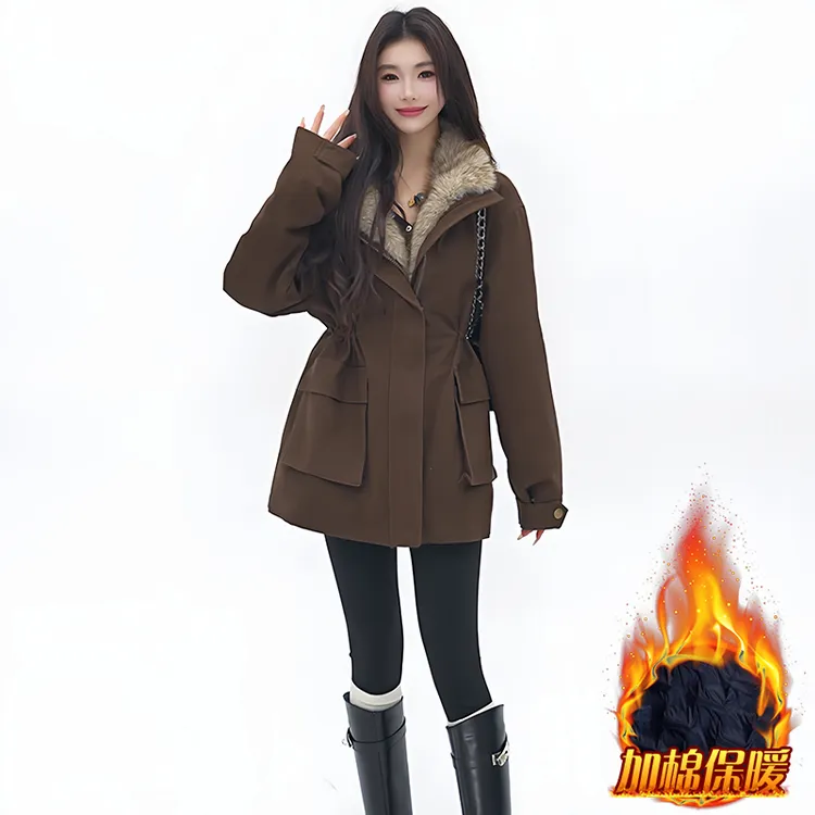 韩版时尚高级感长袖棉服女2025年冬季新款收腰修身显瘦中长款外套