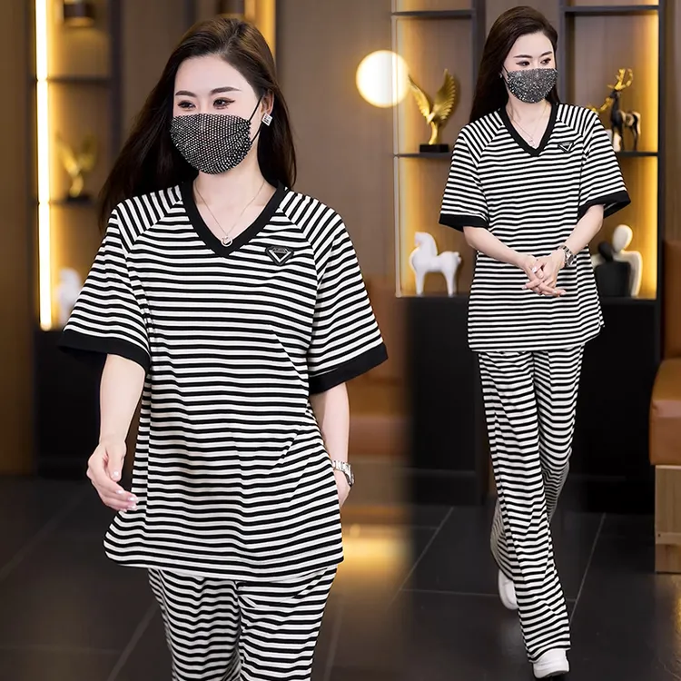 【女神新衣】休闲运动服套装女2024年夏季新款短袖时尚条纹两件套