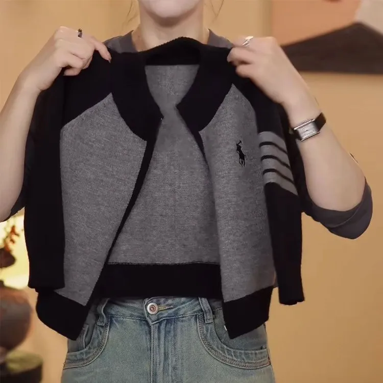 秋冬季儿童加厚拼色针织开衫毛衣外套男女童百搭小马刺绣韩版上衣