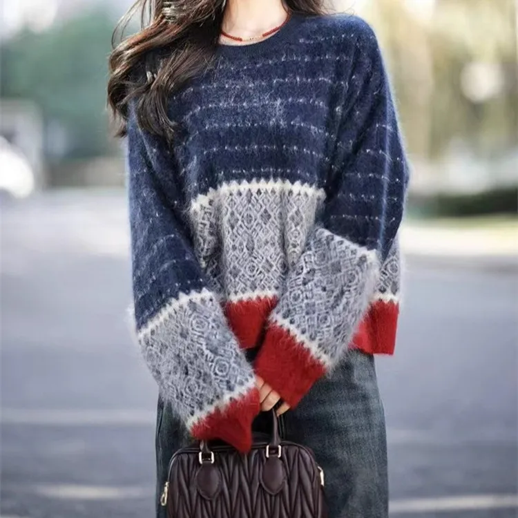 2025秋冬新款慵懒风100纯羊毛衫女拉毛拼色针织衫百搭显瘦上衣