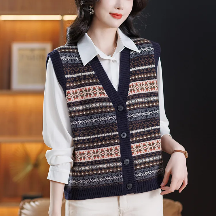 复古针织马甲外套2026春秋新款条纹毛衣坎肩时髦洋气大码马夹背心