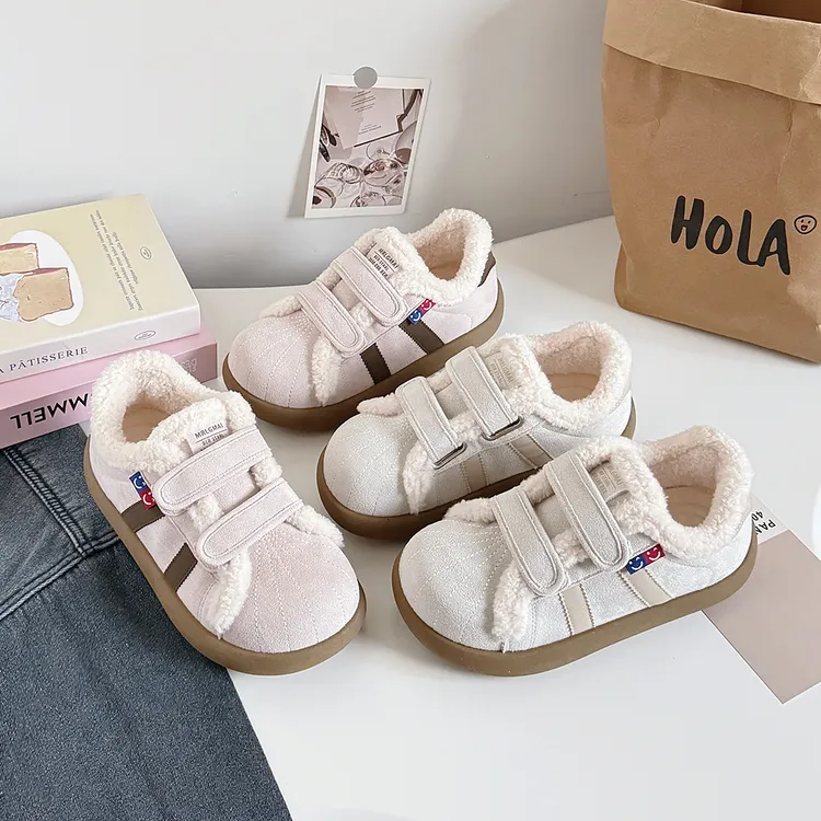 蓓尔2025冬季加绒面包棉鞋女百搭撞色圆头小白鞋二棉保暖小众板鞋