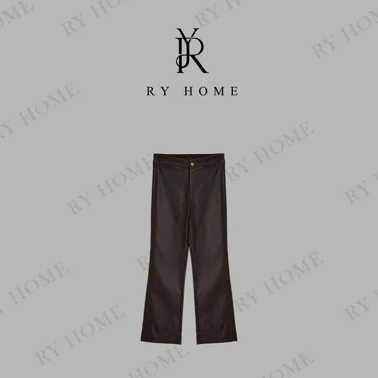 【容雨RYHOME】高腰亮面涂层微喇烟管休闲皮裤253K2757