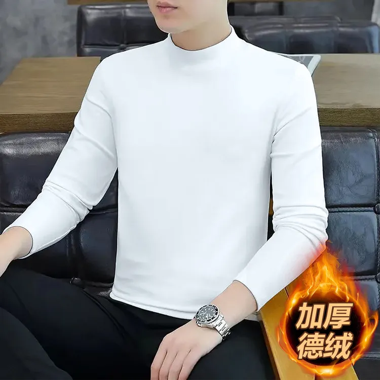 磨毛半高领修身长袖t恤男打底衫春秋冬季休闲ins德绒保暖内搭上衣