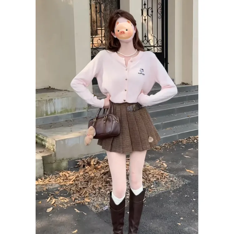 法式刺绣粉色长袖针织开衫女秋冬慵懒风毛衣外套巨好看的早秋上衣