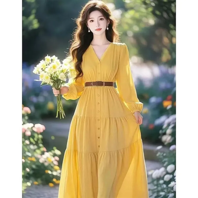 【bing】2025春季新款爆款时尚高端精致漂亮气质收腰绝美黄色连衣裙
