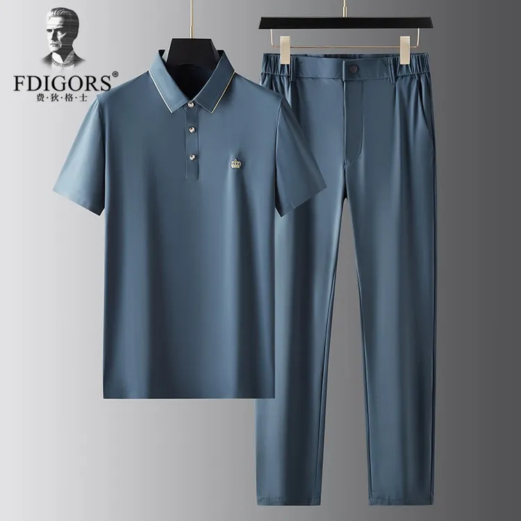 FDIGORS/费狄格士夏季压胶冰丝两件套中年商务短袖翻领休闲套装男