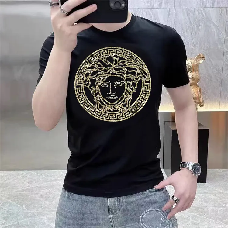 烫钻美杜莎男半袖夏季新款时尚百搭个性轻奢休闲欧若风黑色t恤男