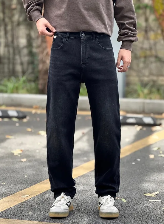 男士冬季加绒中直筒牛仔裤