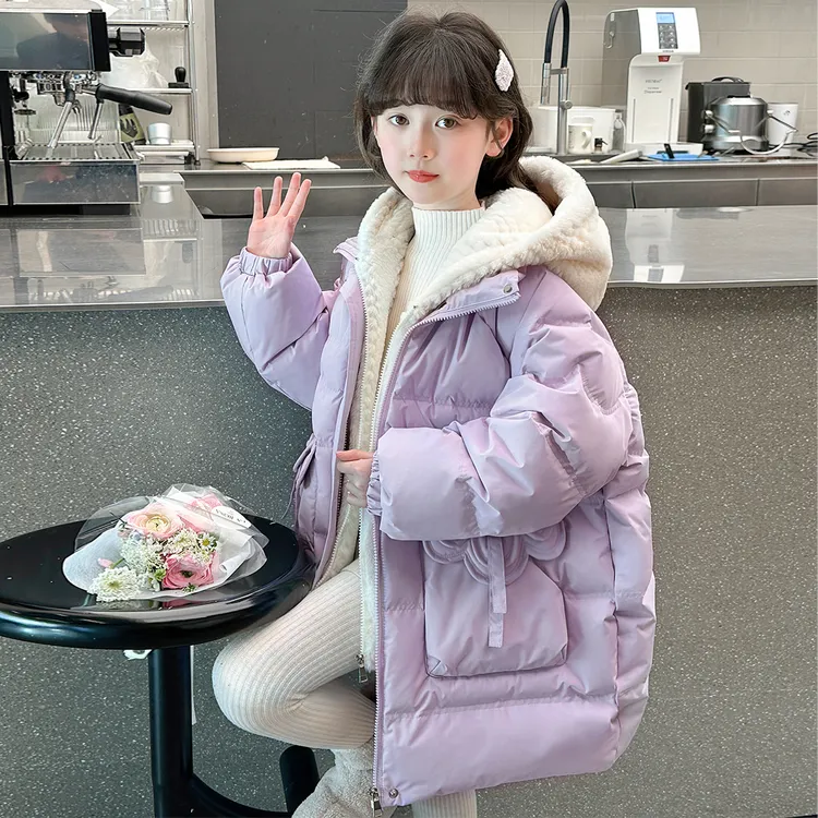 女童棉服冬季中长款新款儿童加厚棉衣中大童洋气冬装棉袄外套宽松