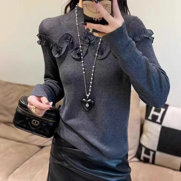 荷叶边设计感立领长袖针织打底衫女秋冬新款时尚气质显瘦上衣