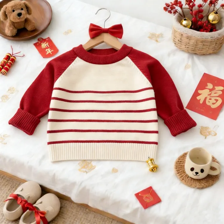 儿童红色打底毛衣新年周岁服宝宝上衣条纹针织拜年服喜庆婴儿内搭